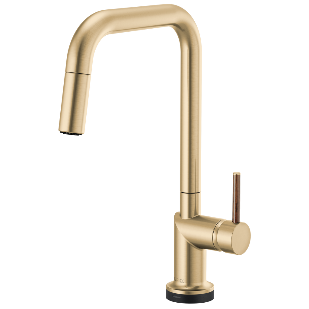 Brizo Odin Mezcladora Extraíble SmartTouch® — Surtidor Cuadrado — Oro Luxe — Manija de Madera