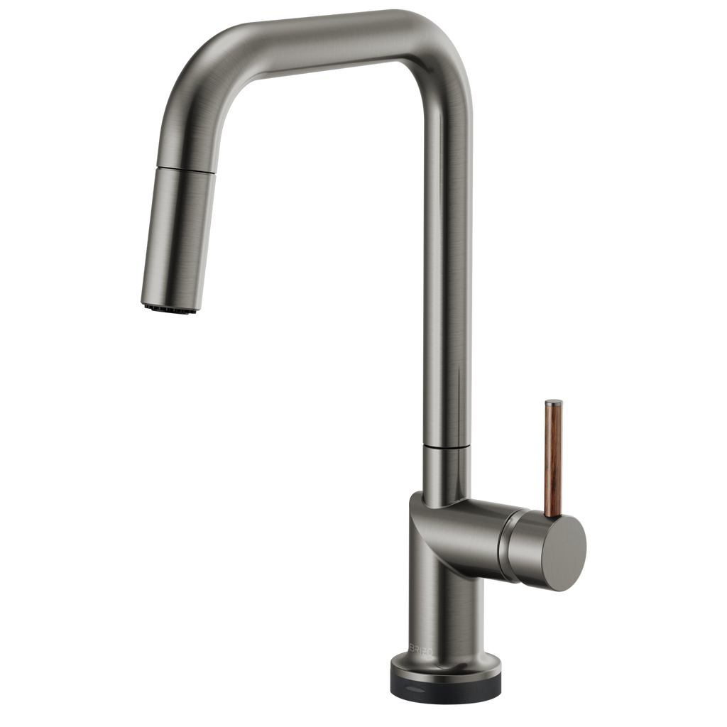Brizo Odin Mezcladora Extraíble SmartTouch® — Surtidor Cuadrado — Acero Luxe — Manija de Madera