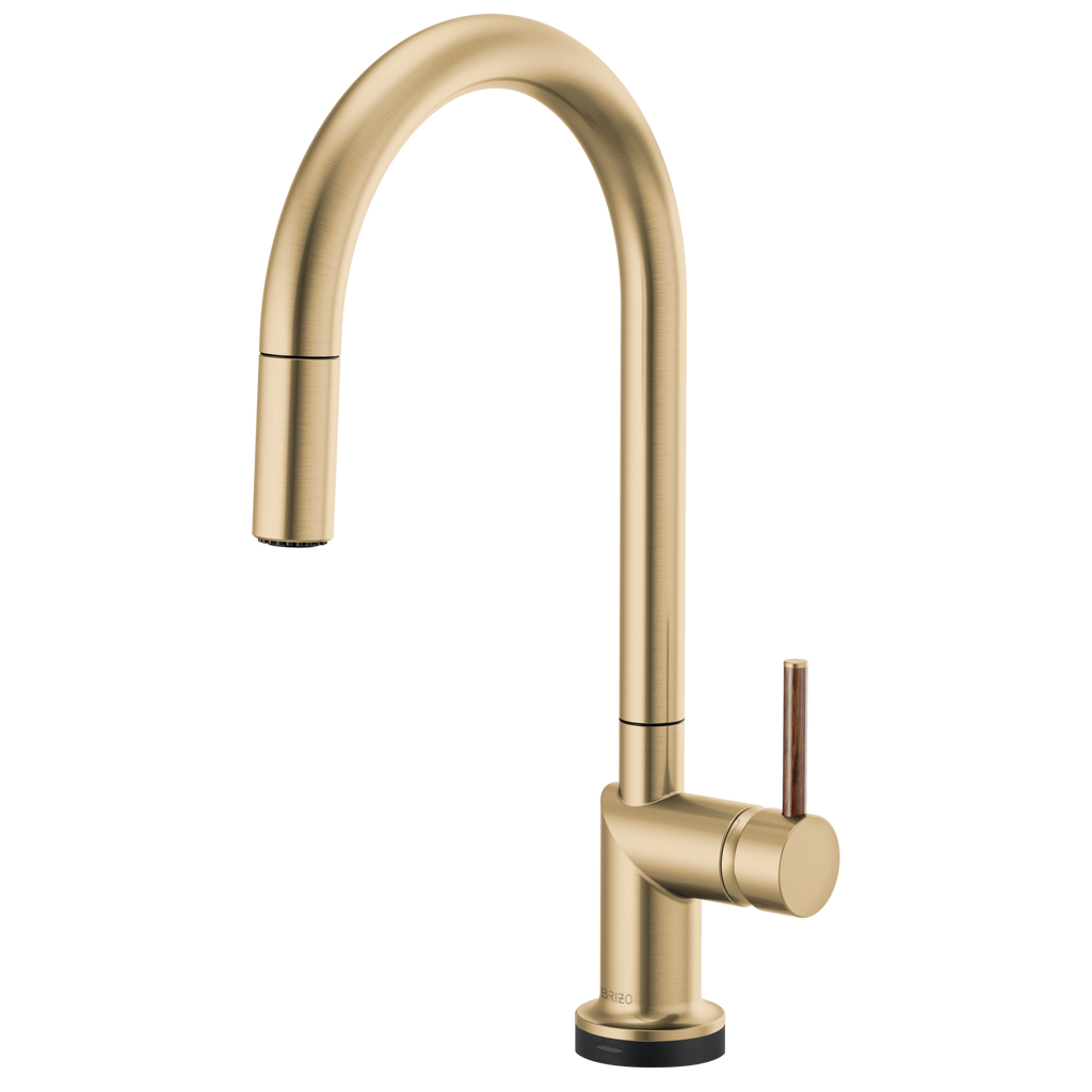 Brizo Odin Mezcladora Extraíble SmartTouch® — Surtidor en Arco — Oro Luxe — Manija de Madera