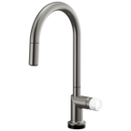 Brizo Odin Mezcladora Extraíble SmartTouch® — Surtidor en Arco — Acero Luxe — Perilla de Mármol Blanco