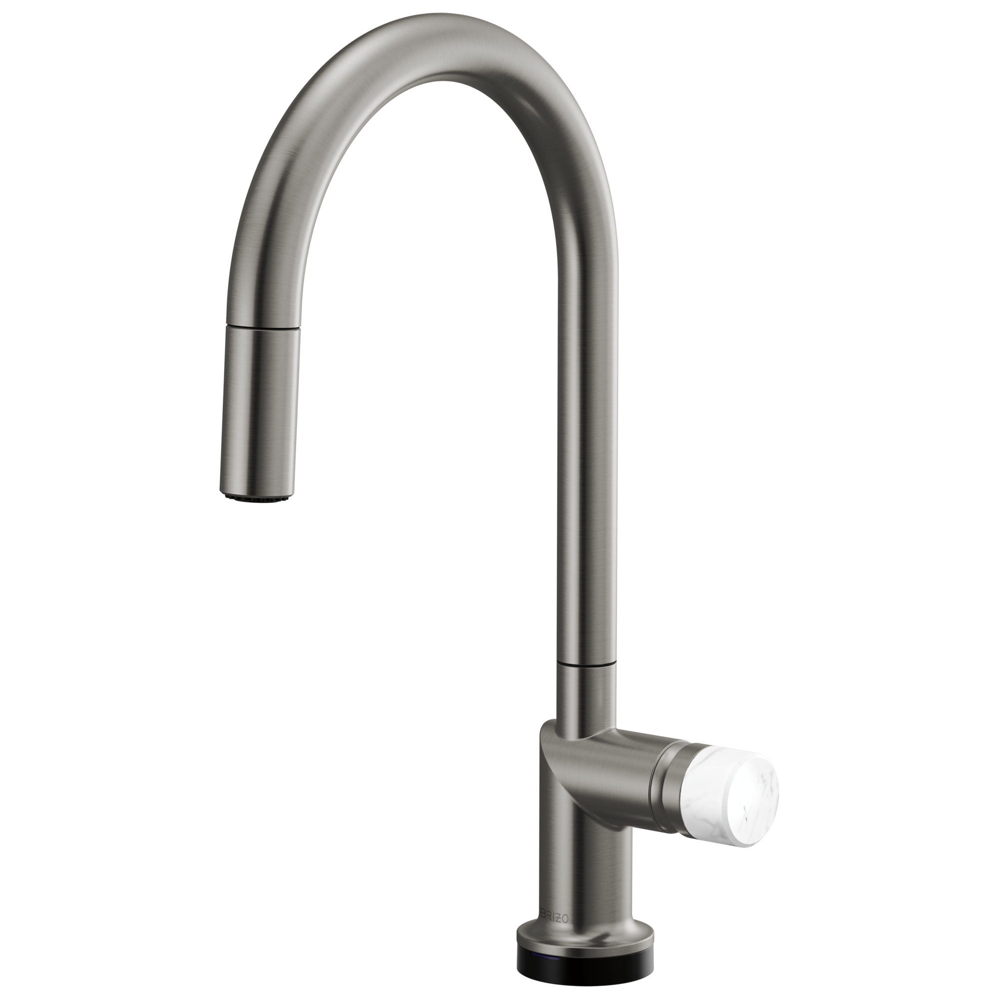 Brizo Odin Mezcladora Extraíble SmartTouch® — Surtidor en Arco — Acero Luxe — Perilla de Mármol Blanco