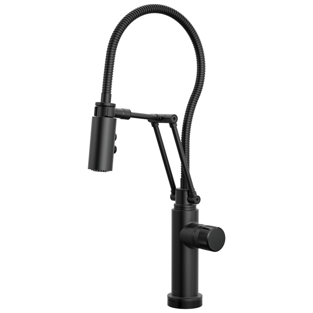 Brizo Odin Mezcladora Articulante SmartTouch® con Manguera Integrada — Negro Mate — Perilla con Cristal Negro