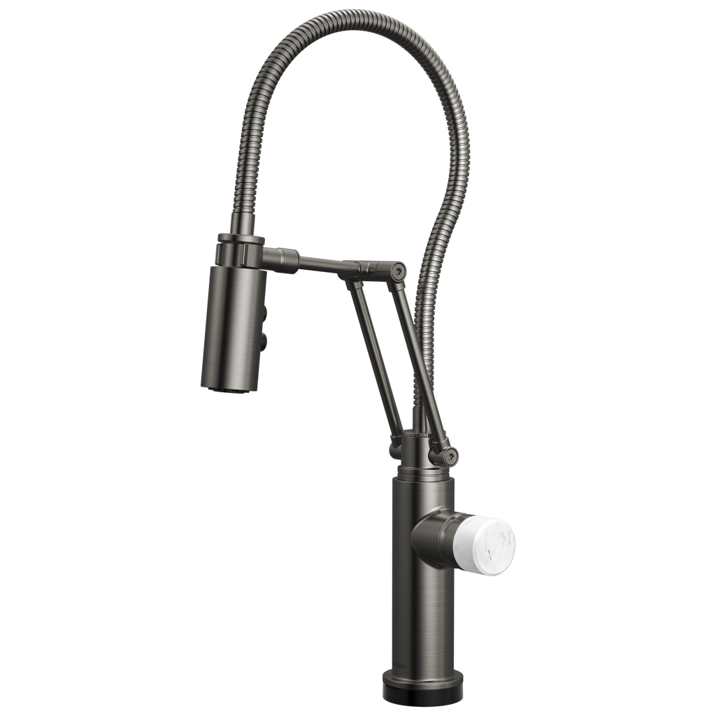 Brizo Odin Mezcladora Articulante SmartTouch® con Manguera Integrada — Acero Luxe — Perilla de Mármol Blanco