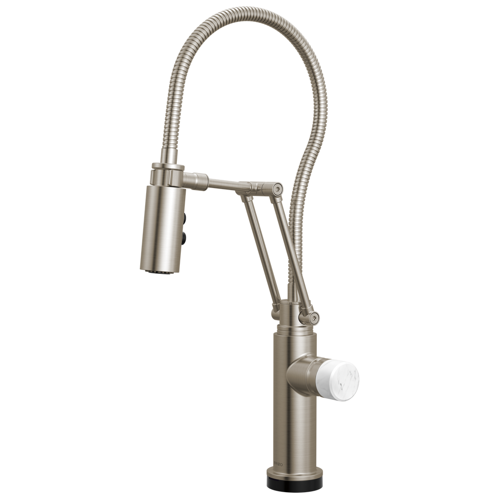 Brizo Odin Mezcladora Articulante SmartTouch® con Manguera Integrada — Acero Inoxidable — Perilla de Mármol Blanco