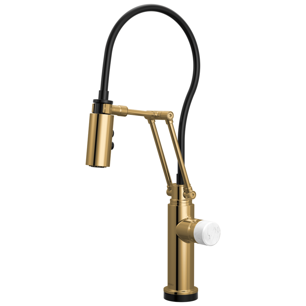 Brizo Odin Mezcladora Articulante SmartTouch® — Oro Pulido — Perilla de Mármol Blanco