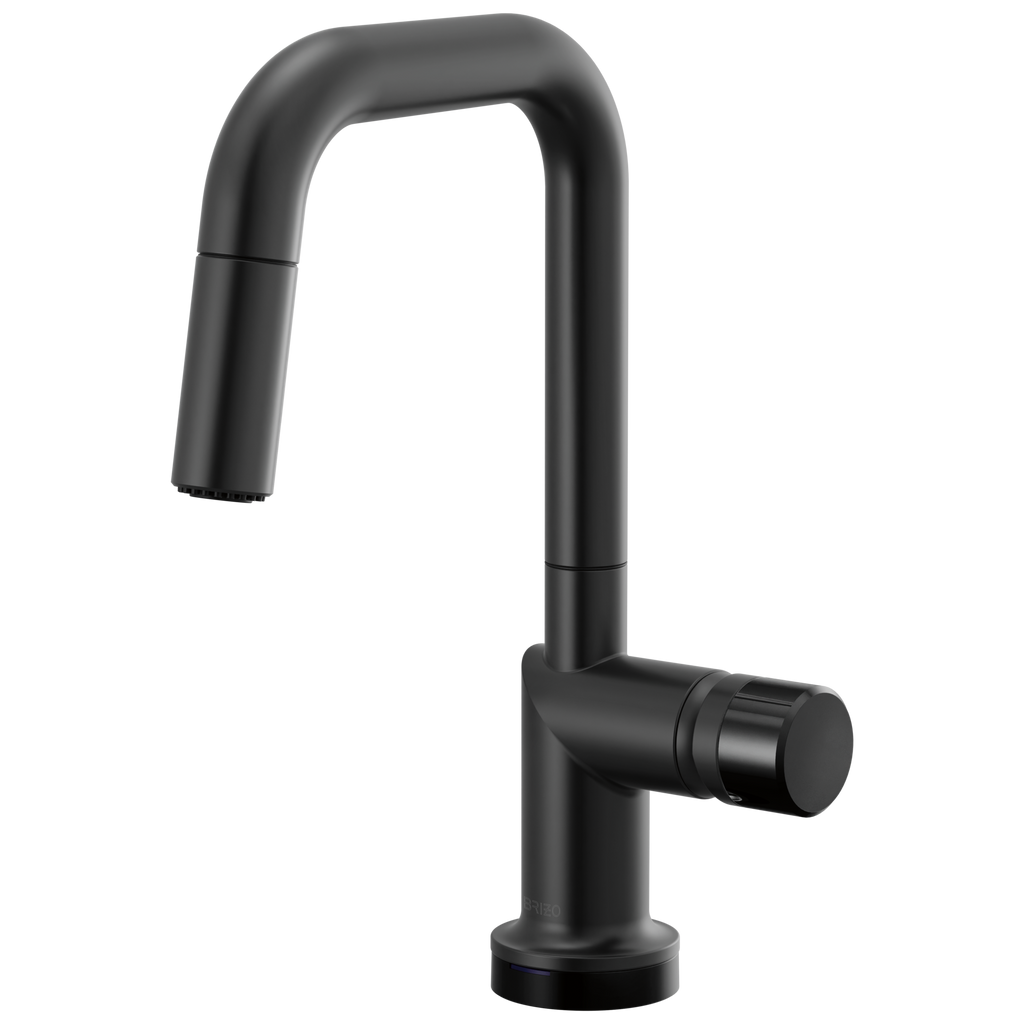 Brizo Odin Mezcladora Prep Extraíble SmartTouch® — Surtidor Cuadrado — Negro Mate — Perilla con Cristal Negro