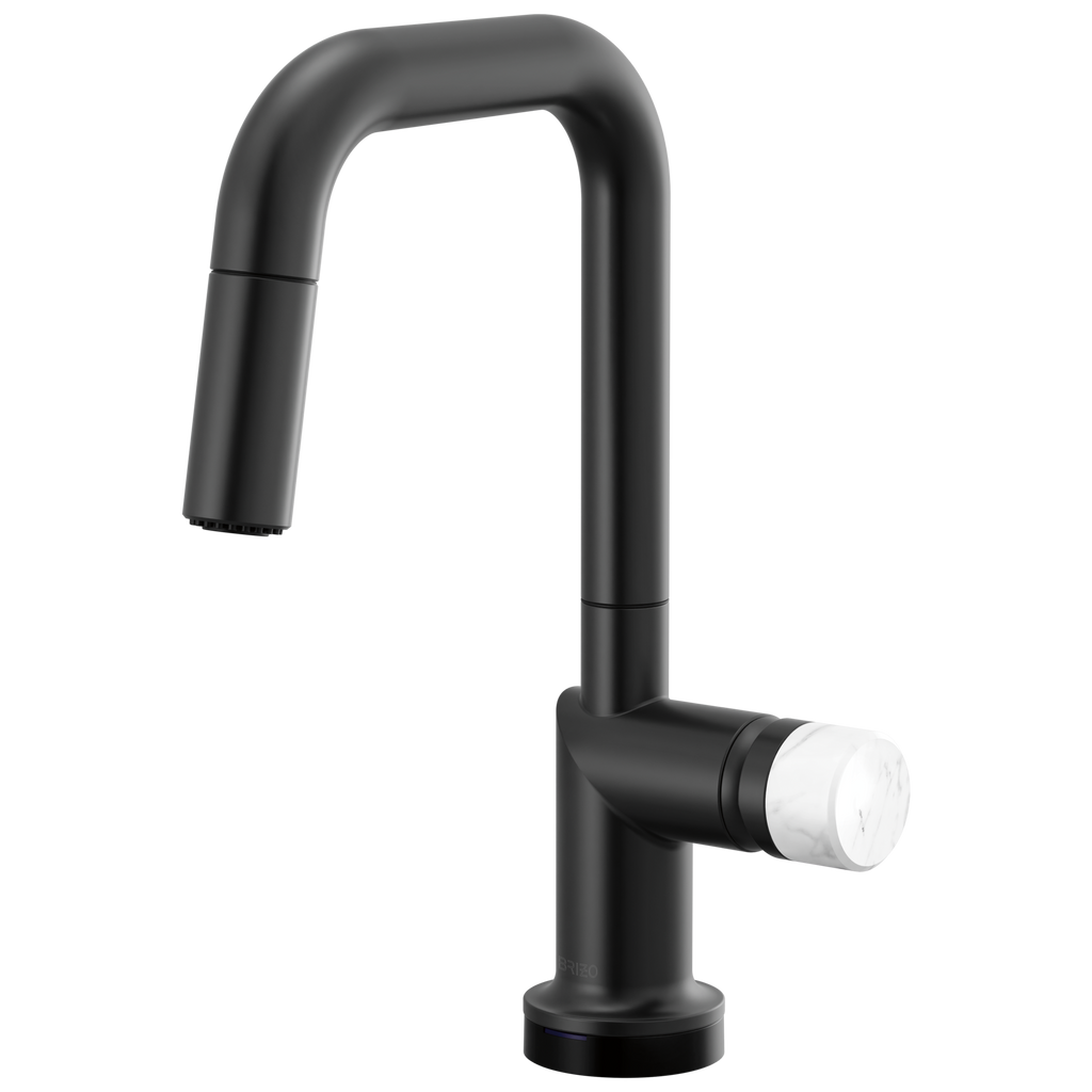 Brizo Odin Mezcladora Prep Extraíble SmartTouch® — Surtidor Cuadrado — Negro Mate — Perilla de Mármol Blanco