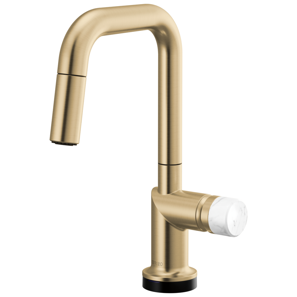 Brizo Odin Mezcladora Prep Extraíble SmartTouch® — Surtidor Cuadrado — Oro Luxe — Perilla de Mármol Blanco