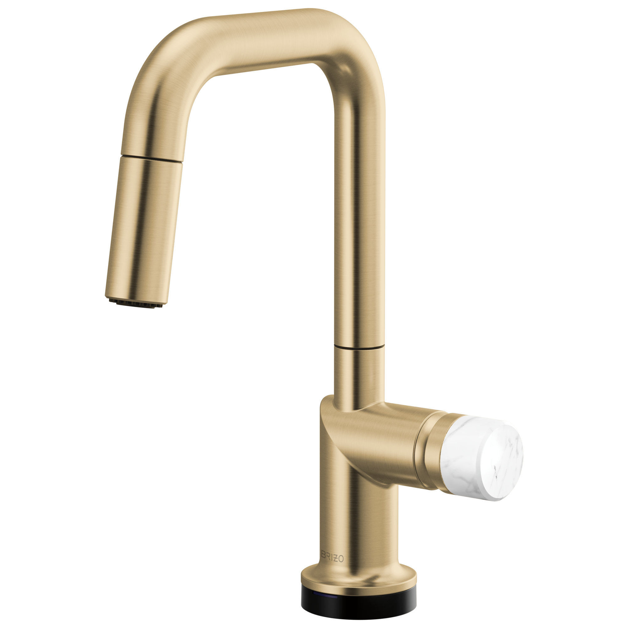 Brizo Odin Mezcladora Prep Extraíble SmartTouch® — Surtidor Cuadrado — Oro Luxe — Perilla de Mármol Blanco