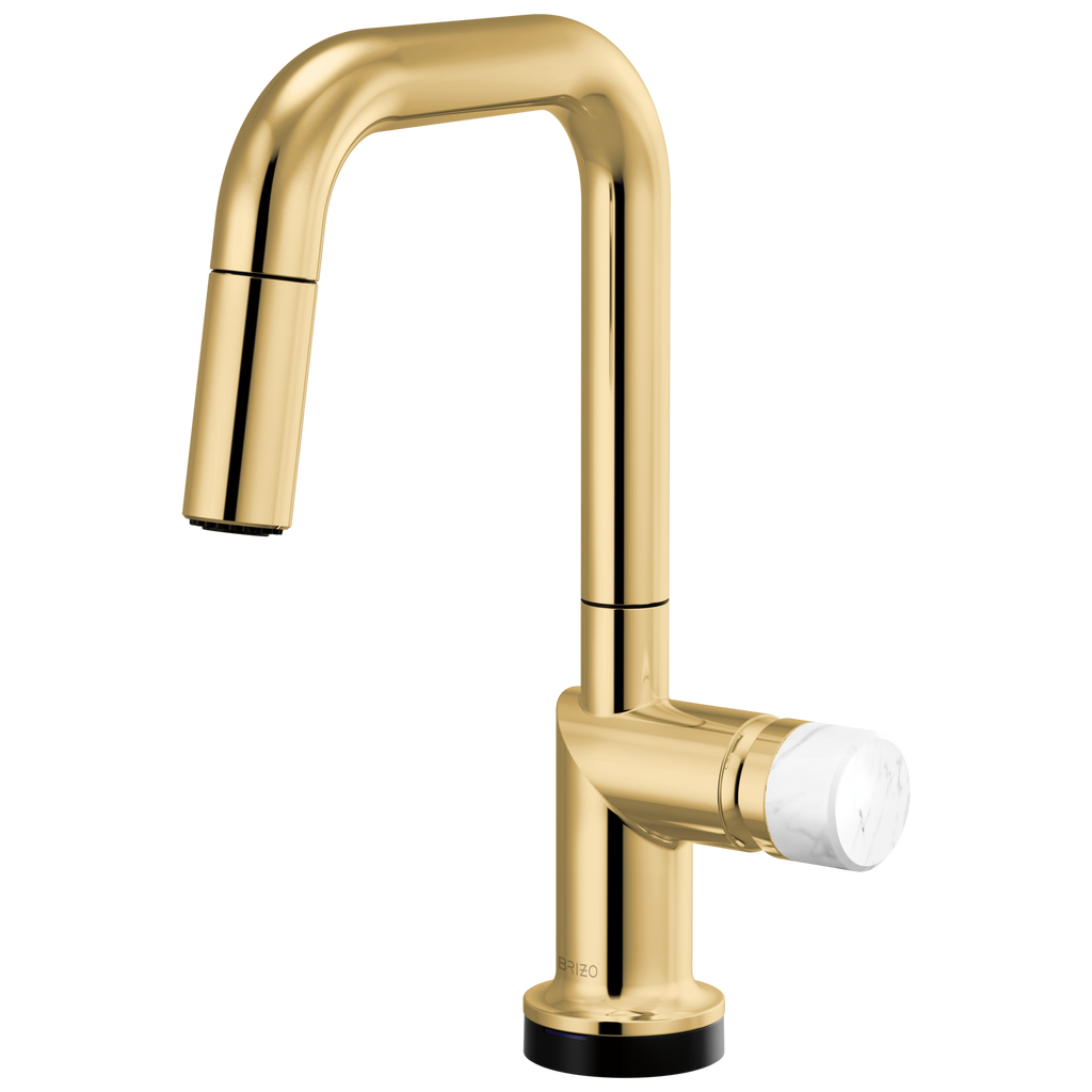 Brizo Odin Mezcladora Prep Extraíble SmartTouch® — Surtidor Cuadrado — Oro Pulido — Perilla de Mármol Blanco
