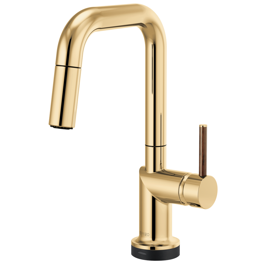 Brizo Odin Mezcladora Prep Extraíble SmartTouch® — Surtidor Cuadrado — Oro Pulido — Manija de Madera