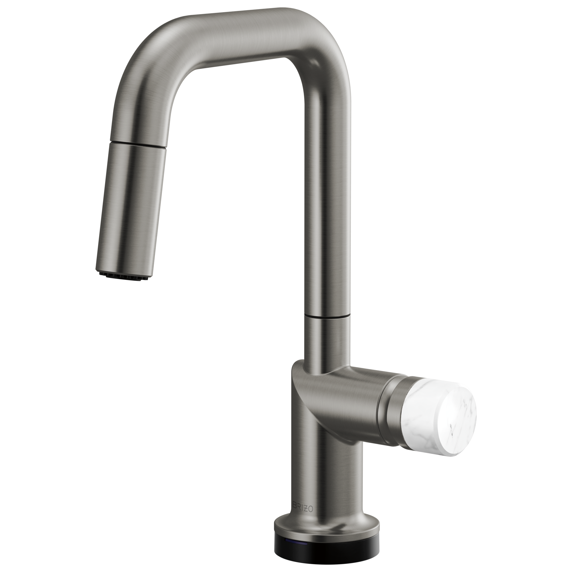 Brizo Odin Mezcladora Prep Extraíble SmartTouch® — Surtidor Cuadrado — Acero Luxe — Perilla de Mármol Blanco