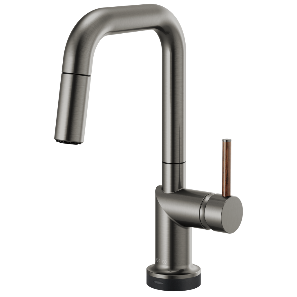 Brizo Odin Mezcladora Prep Extraíble SmartTouch® — Surtidor Cuadrado — Acero Luxe — Manija de Madera