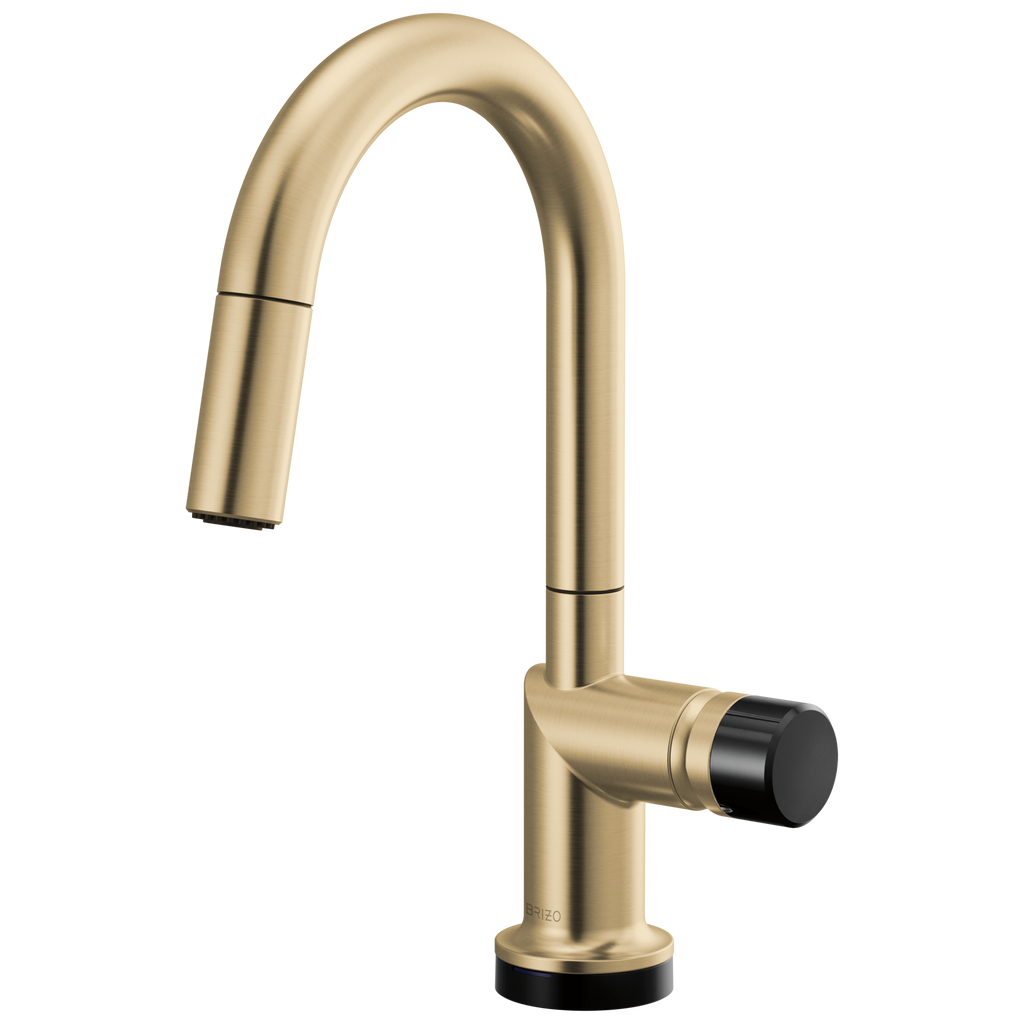 Brizo Odin Mezcladora Prep Extraíble SmartTouch® — Surtidor en Arco — Oro Luxe — Perilla con Cristal Negro