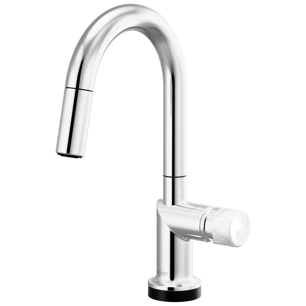 Brizo Odin Mezcladora Prep Extraíble SmartTouch® — Surtidor en Arco — Cromo — Perilla de Mármol Blanco
