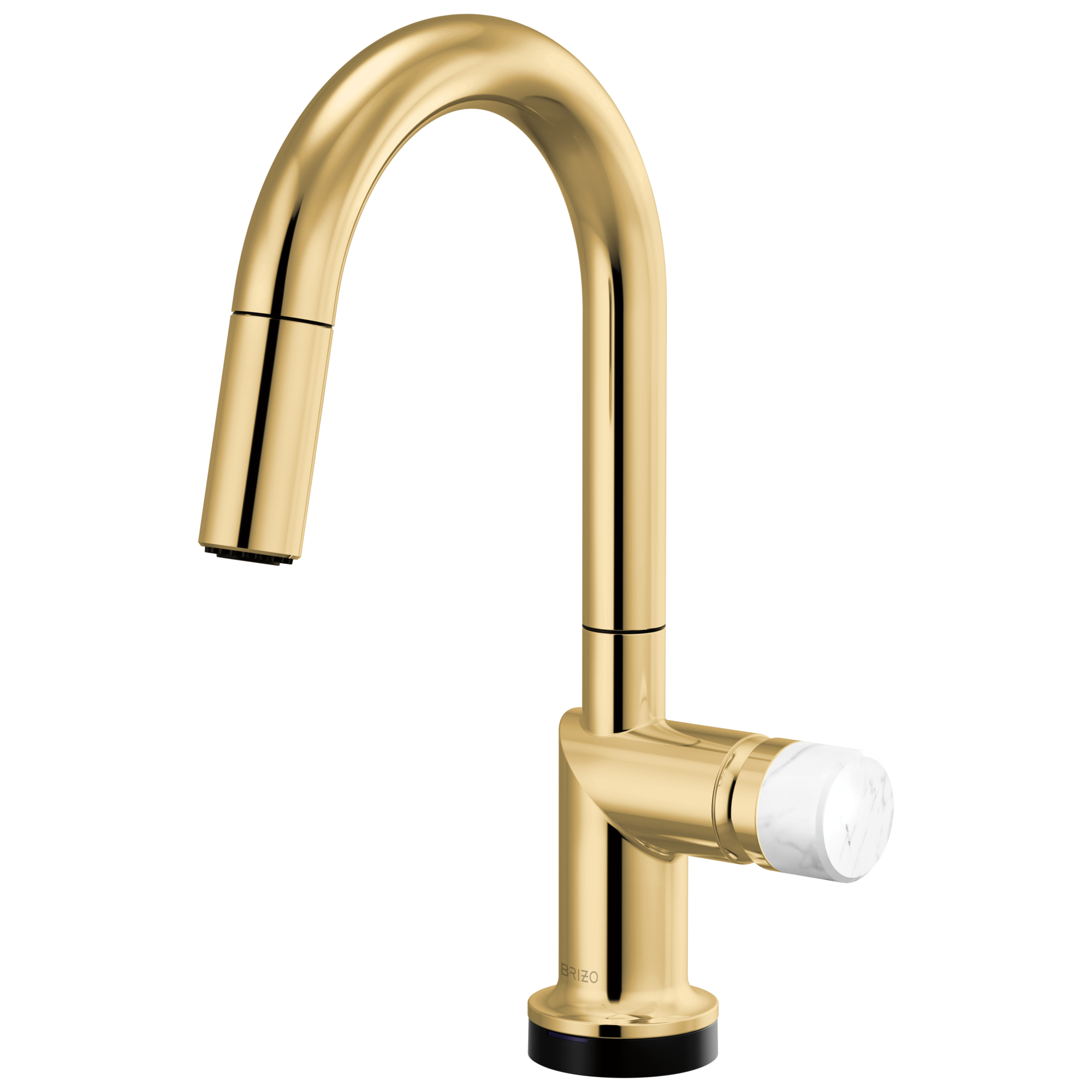Brizo Odin Mezcladora Prep Extraíble SmartTouch® — Surtidor en Arco — Oro Pulido — Perilla de Mármol Blanco