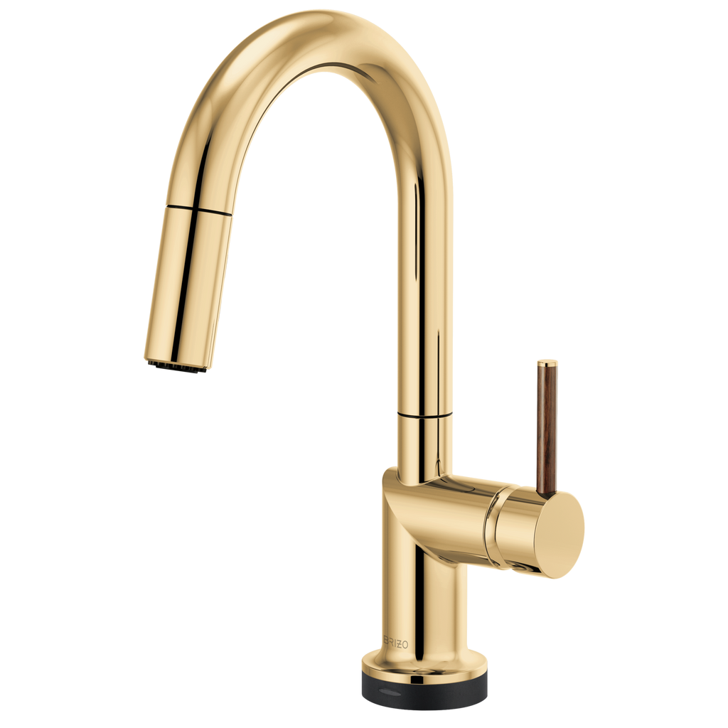 Brizo Odin Mezcladora Prep Extraíble SmartTouch® — Surtidor en Arco — Oro Pulido — Manija de Madera