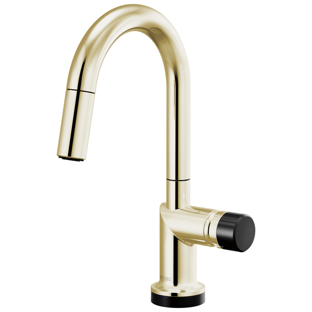 Brizo Odin Mezcladora Prep Extraíble SmartTouch® — Surtidor en Arco — Níquel Pulido — Perilla con Cristal Negro