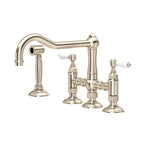 Rohl Acqui Mezcladora de Cocina Tipo Puente con Aspersor Lateral - Palanca de Porcelana Blanca - Níquel Satinado