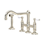 Rohl Acqui Mezcladora de Cocina Tipo Puente con Aspersor Lateral - Palanca de Porcelana Blanca - Níquel Pulido