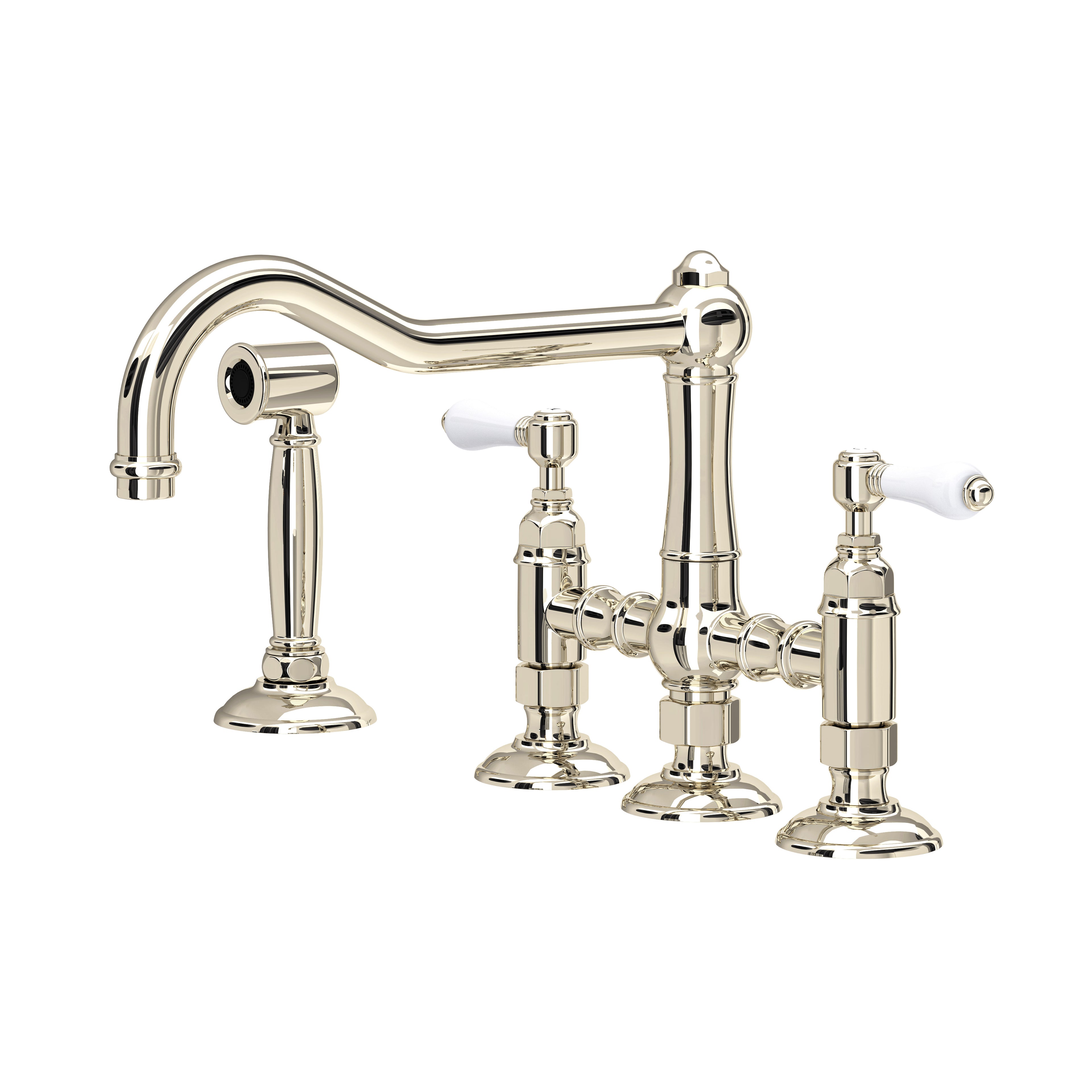 Rohl Acqui Mezcladora de Cocina Tipo Puente con Aspersor Lateral - Palanca de Porcelana Blanca - Níquel Pulido