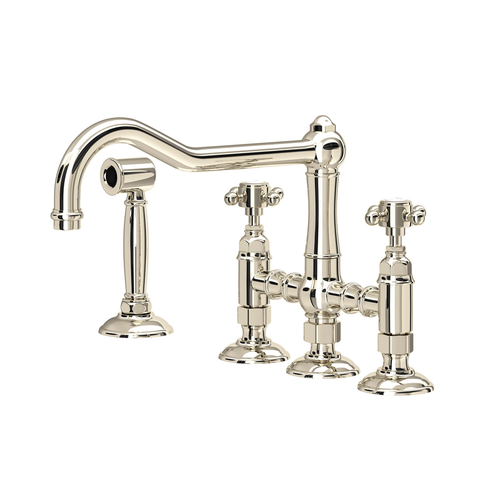 Rohl Acqui Mezcladora de Cocina Tipo Puente con Aspersor Lateral - Manija de Cruz - Níquel Pulido