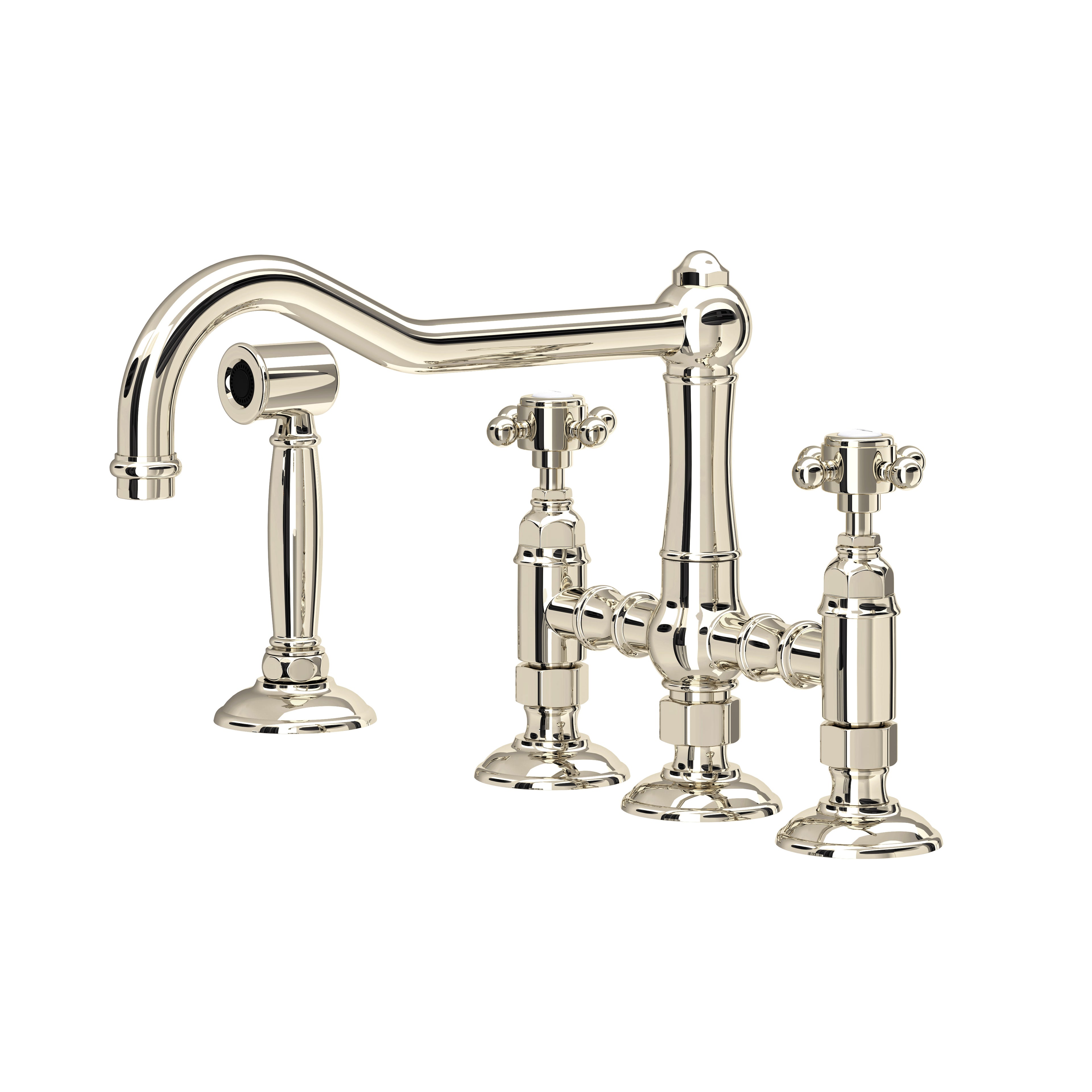 Rohl Acqui Mezcladora de Cocina Tipo Puente con Aspersor Lateral - Manija de Cruz - Níquel Pulido