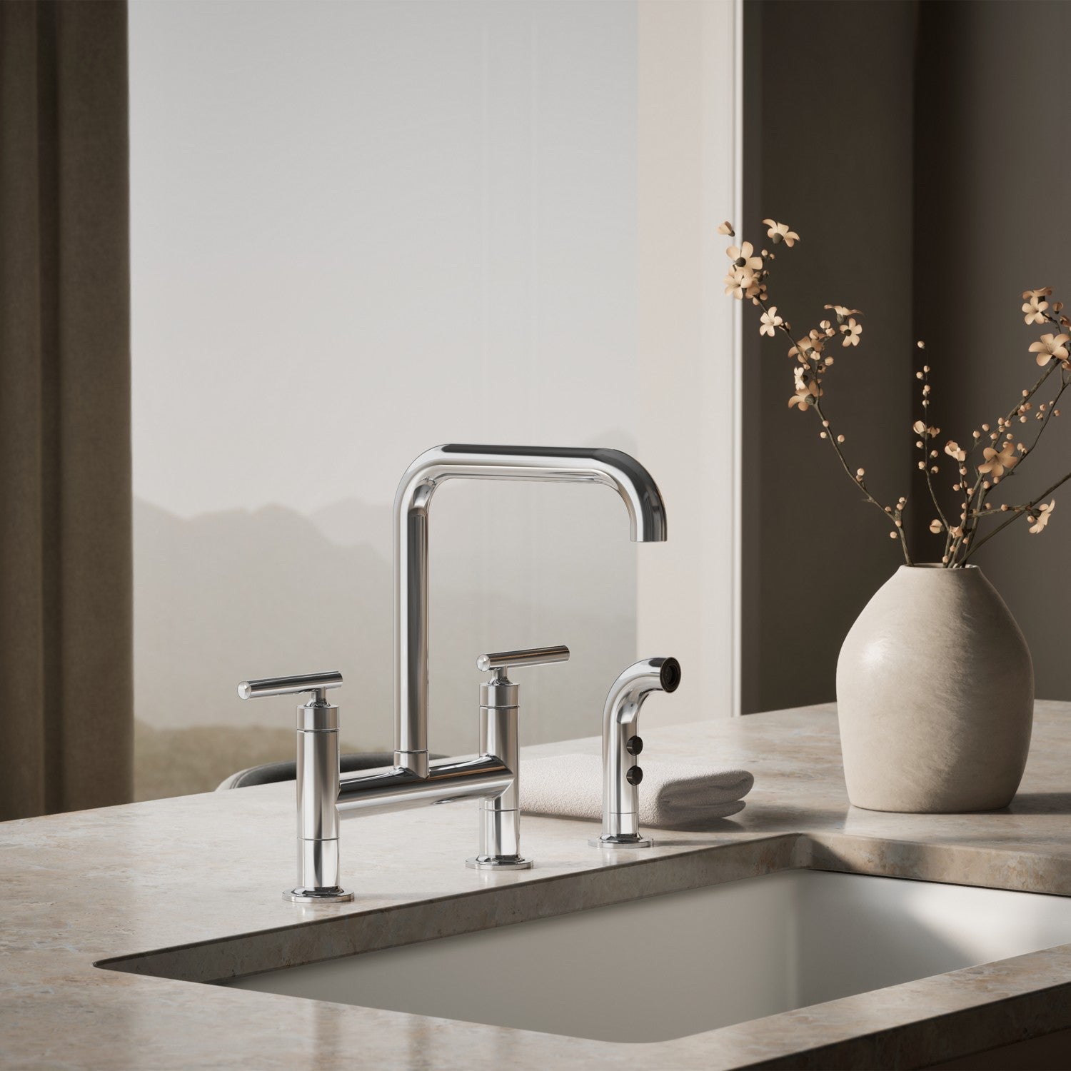 Kohler Purist — Mezcladora de Cocina tipo Puente con Rociador Lateral — Ambientación 4
