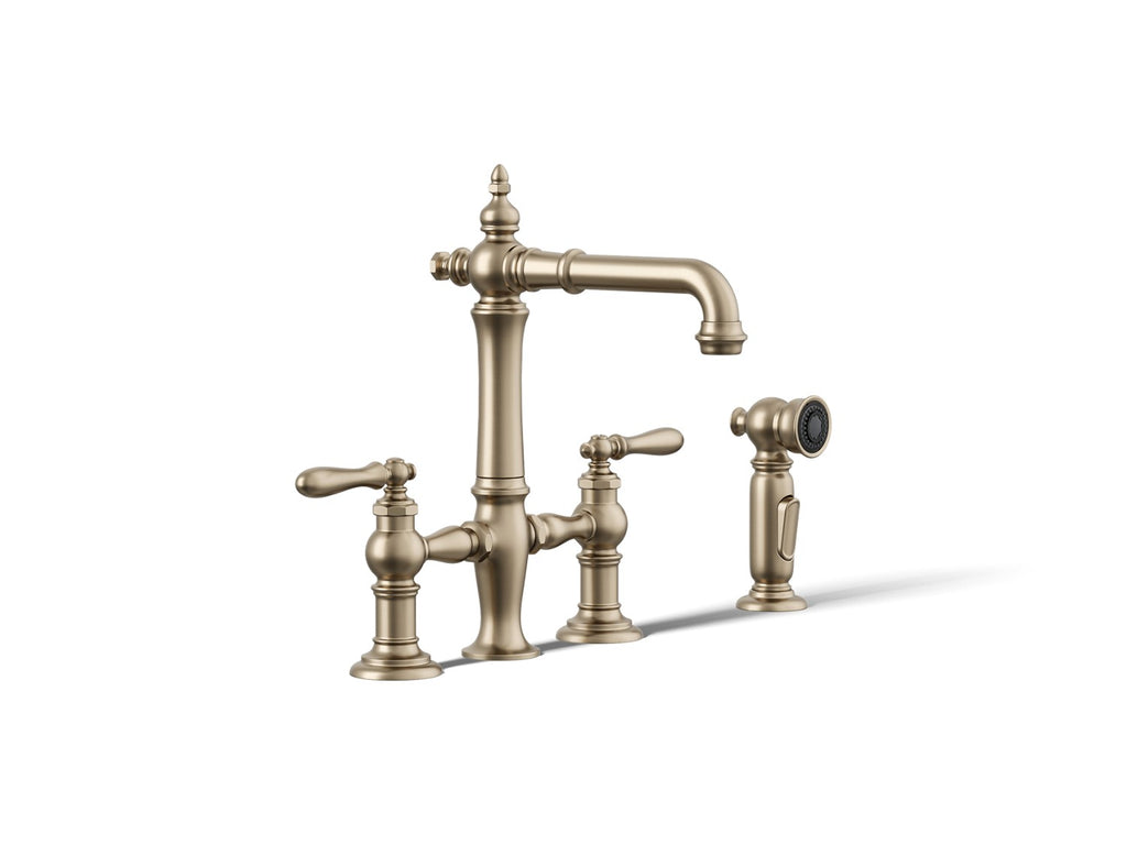 Kohler Artifacts — Mezcladora tipo Puente para Bar/Prep con Rociador Lateral — Bronce Cepillado Vibrant