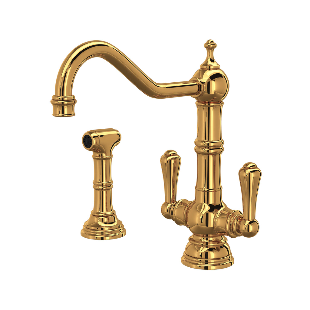Rohl Edwardian Mezcladora de Cocina de Dos Manijas con Aspersor Lateral - Palanca de Metal - Oro Inglés