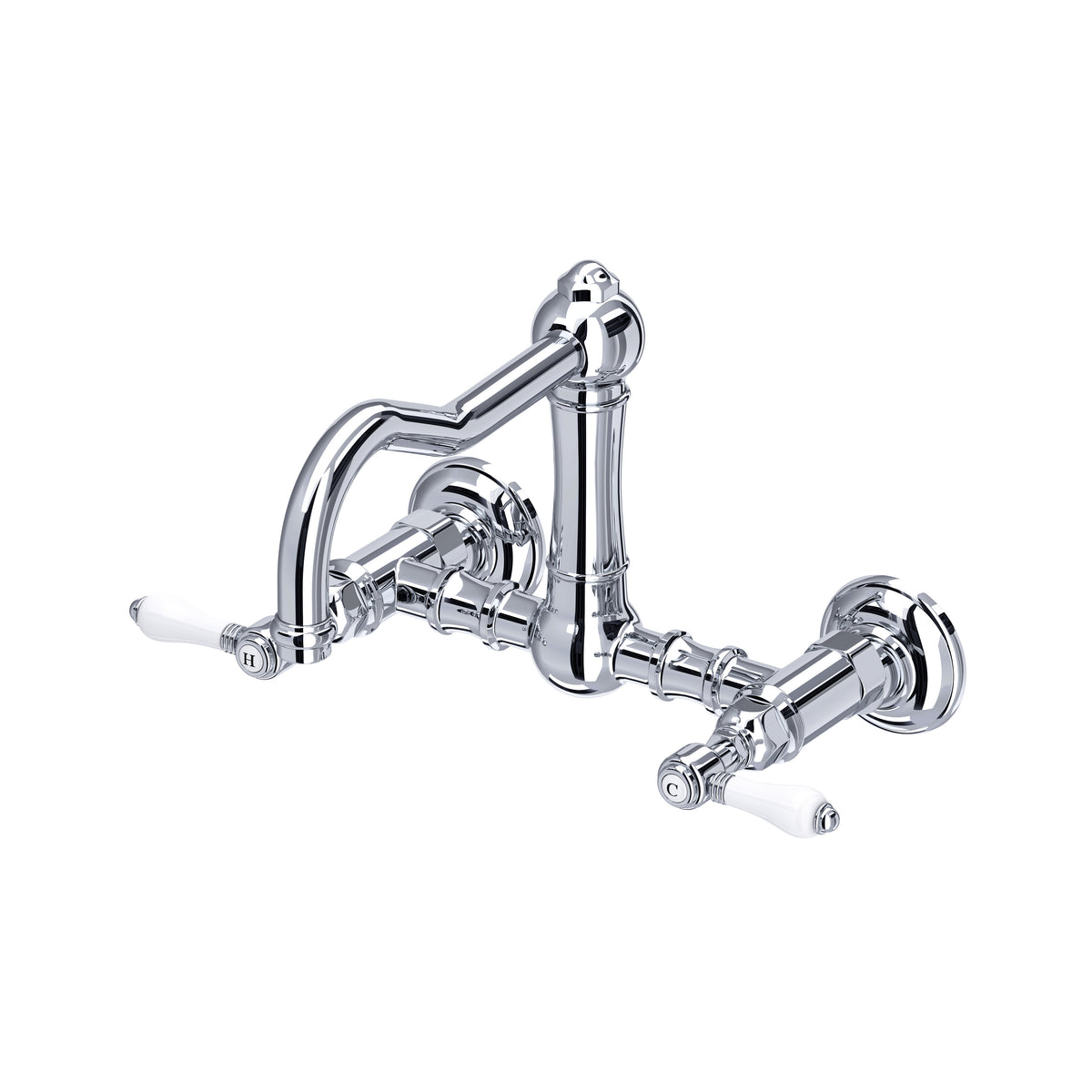 Rohl Acqui Mezcladora de Cocina Tipo Puente de Pared Surtidor de Columna - Palanca de Porcelana Blanca - Cromo Pulido