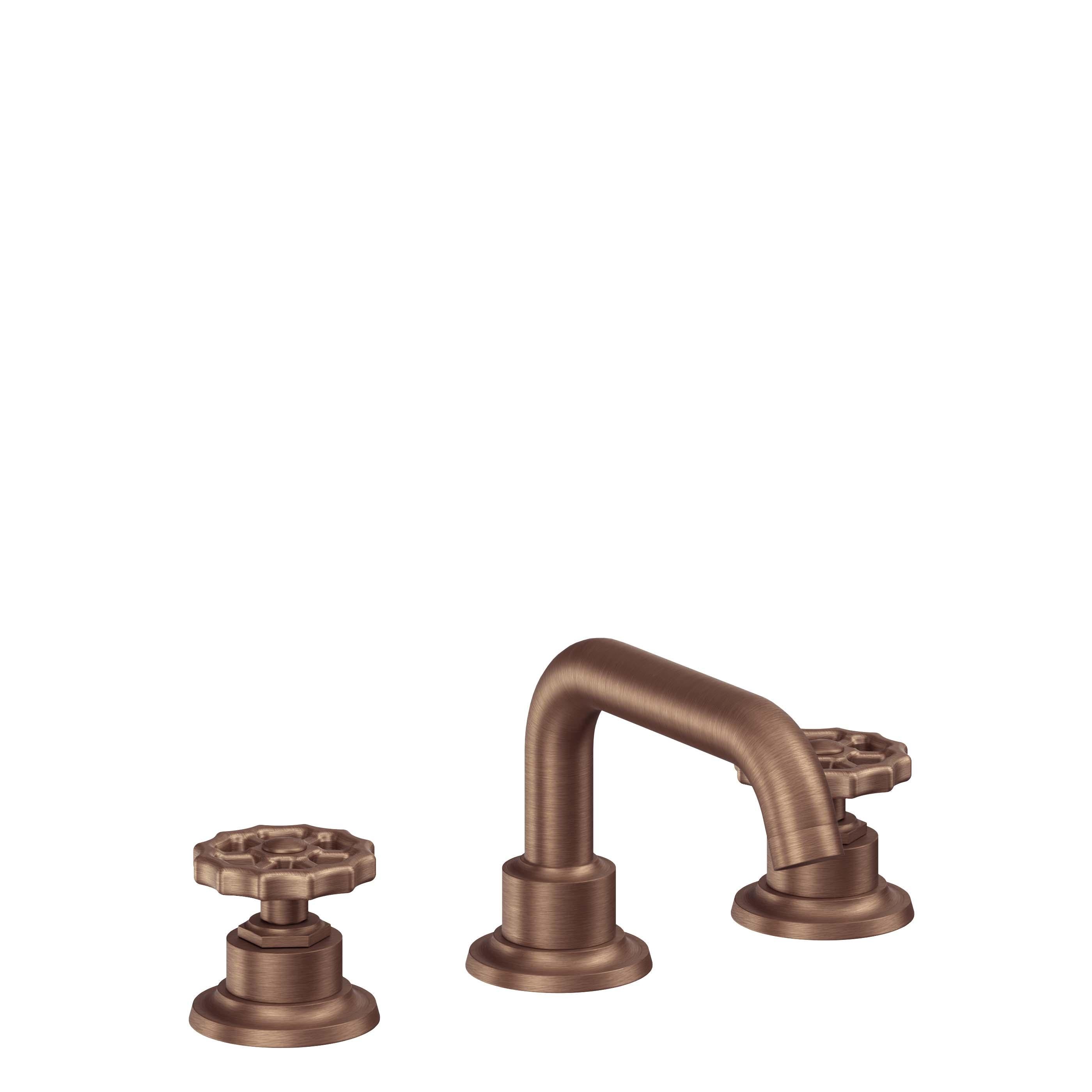 California Faucets Descanso Works 8" Llave de Lavabo de 3 Orificios para Cubierta, con Dos Manerales - Pico Quad Bajo - Cobre Antiguo Mate