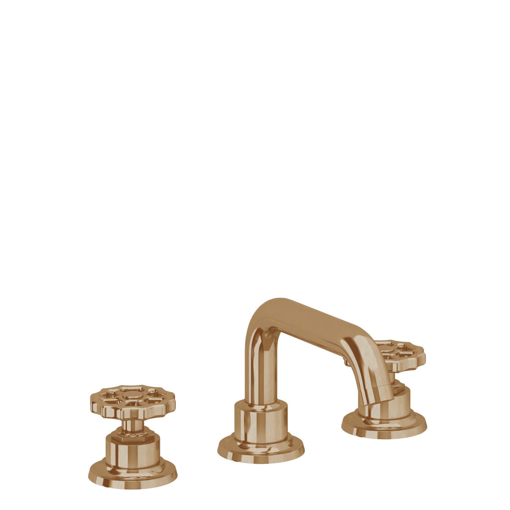 California Faucets Descanso Works 8" Llave de Lavabo de 3 Orificios para Cubierta, con Dos Manerales - Pico Quad Bajo - Latón Bruñido