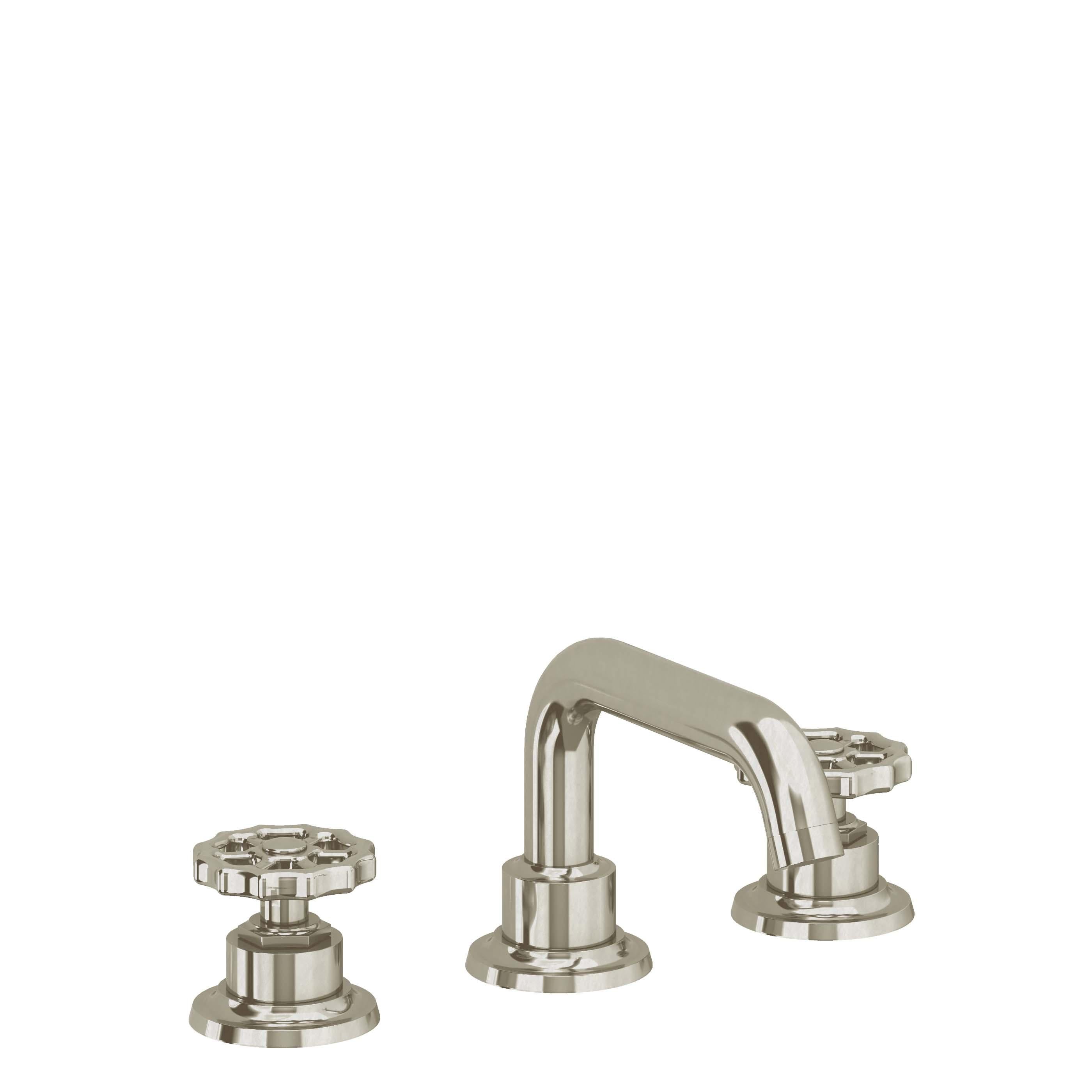 California Faucets Descanso Works 8" Llave de Lavabo de 3 Orificios para Cubierta, con Dos Manerales - Pico Quad Bajo - Níquel Bruñido