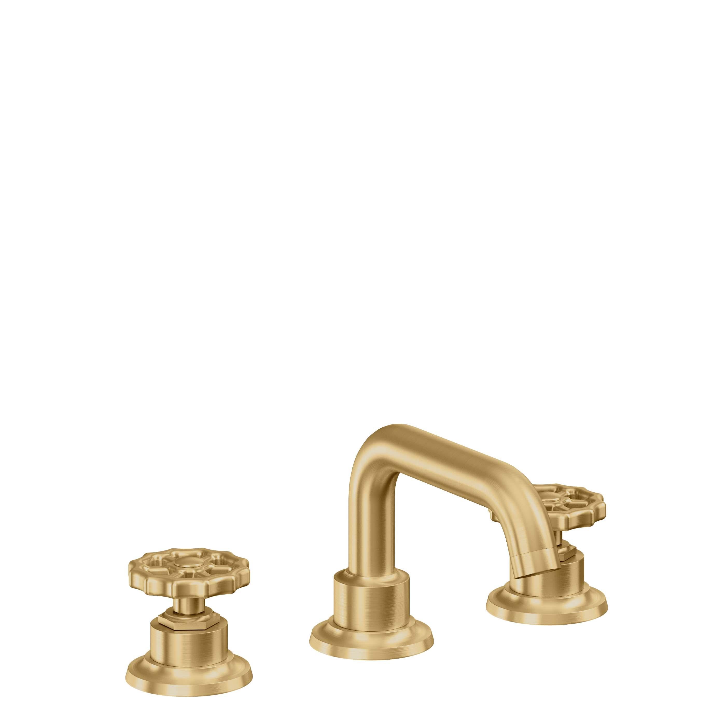California Faucets Descanso Works 8" Llave de Lavabo de 3 Orificios para Cubierta, con Dos Manerales - Pico Quad Bajo - Oro Satinado de por Vida