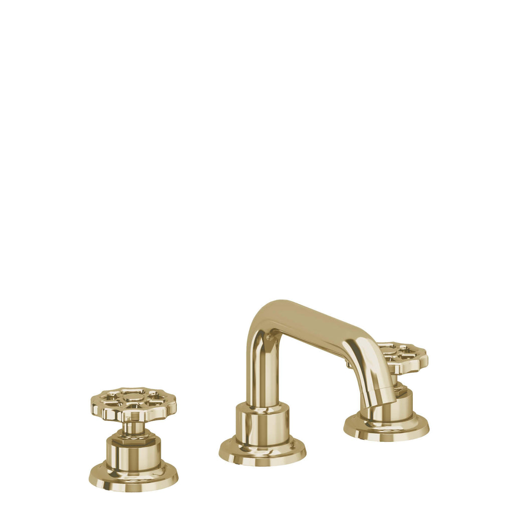 California Faucets Descanso Works 8" Llave de Lavabo de 3 Orificios para Cubierta, con Dos Manerales - Pico Quad Bajo - Latón Pulido