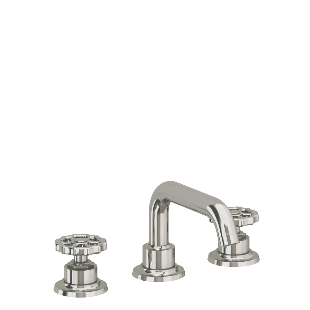 California Faucets Descanso Works 8" Llave de Lavabo de 3 Orificios para Cubierta, con Dos Manerales - Pico Quad Bajo - Níquel Pulido