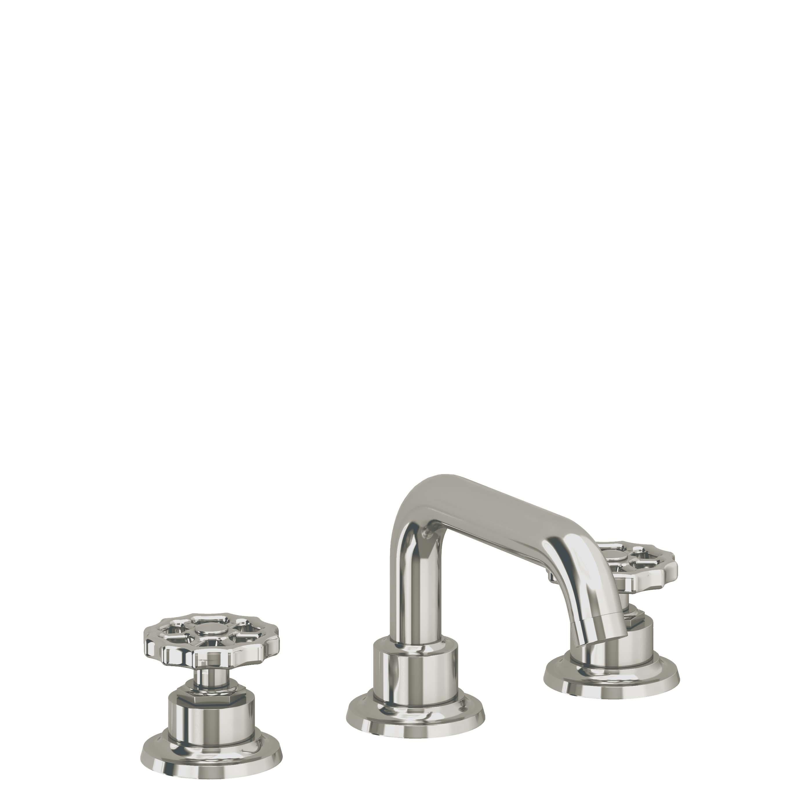 California Faucets Descanso Works 8" Llave de Lavabo de 3 Orificios para Cubierta, con Dos Manerales - Pico Quad Bajo - Níquel Pulido