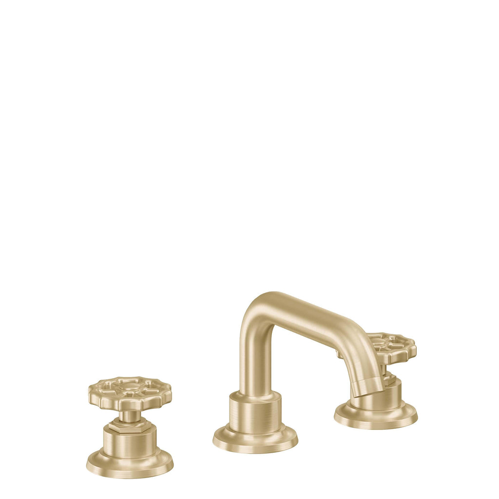 California Faucets Descanso Works 8" Llave de Lavabo de 3 Orificios para Cubierta, con Dos Manerales - Pico Quad Bajo - Latón Satinado