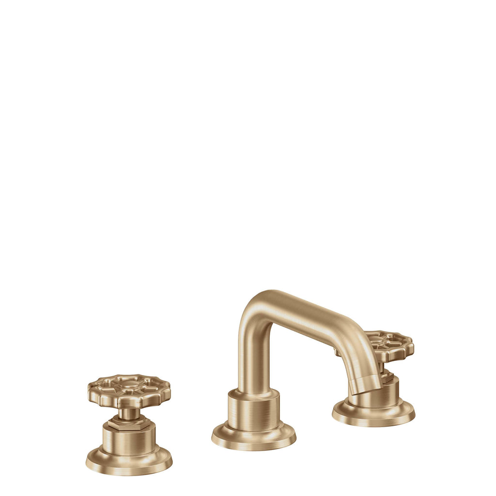 California Faucets Descanso Works 8" Llave de Lavabo de 3 Orificios para Cubierta, con Dos Manerales - Pico Quad Bajo - Bronce Satinado