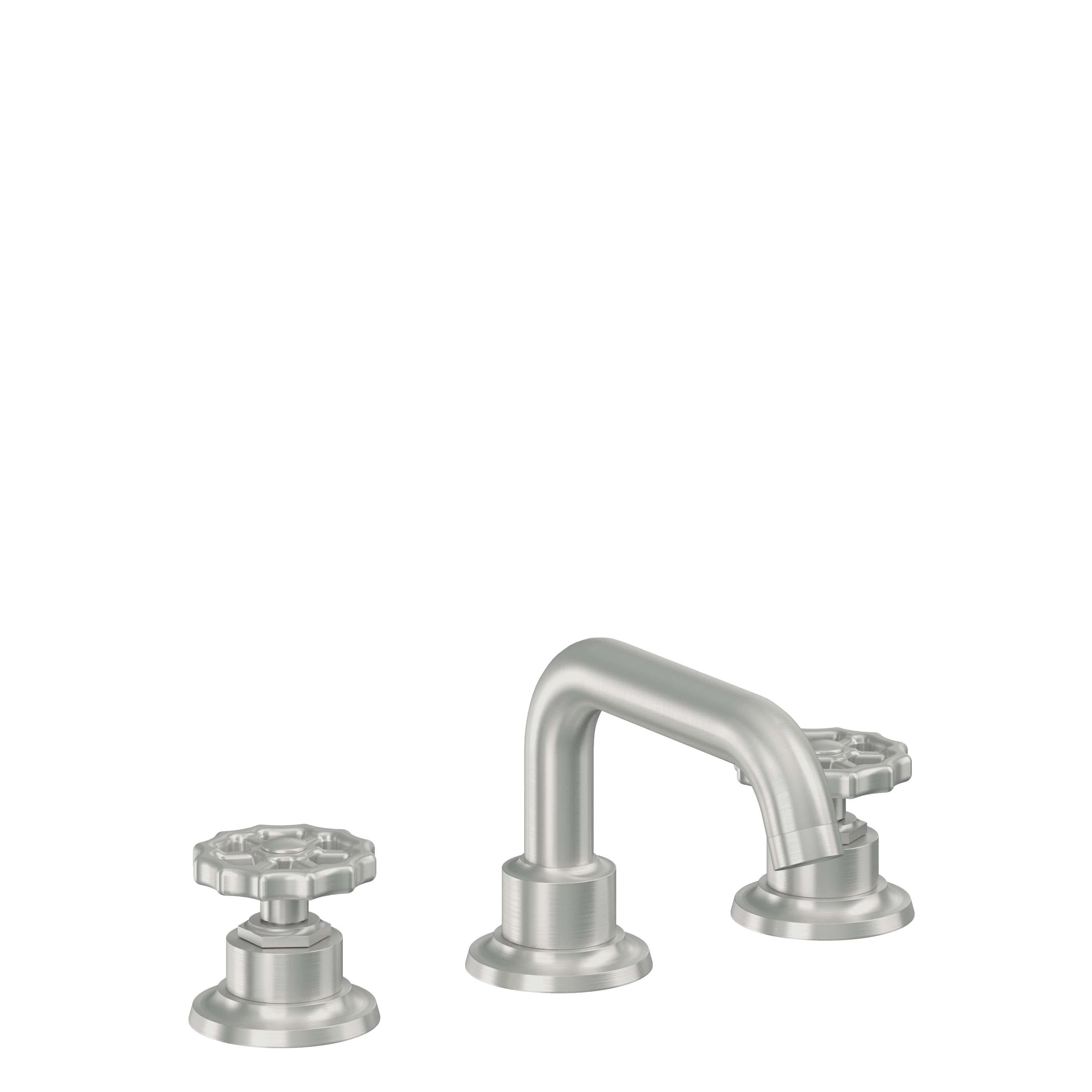 California Faucets Descanso Works 8" Llave de Lavabo de 3 Orificios para Cubierta, con Dos Manerales - Pico Quad Bajo - Cromo Satinado