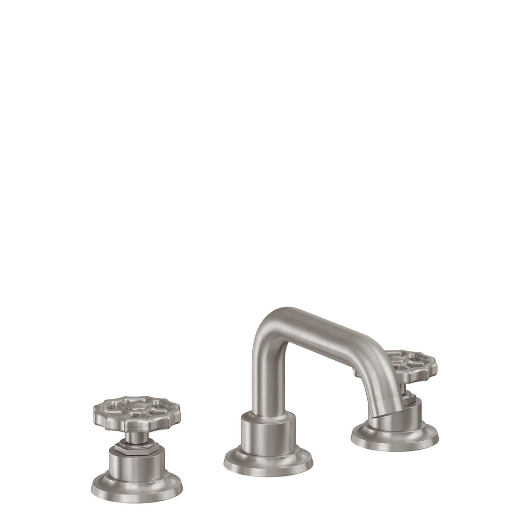 California Faucets Descanso Works 8" Llave de Lavabo de 3 Orificios para Cubierta, con Dos Manerales - Pico Quad Bajo - Níquel Satinado