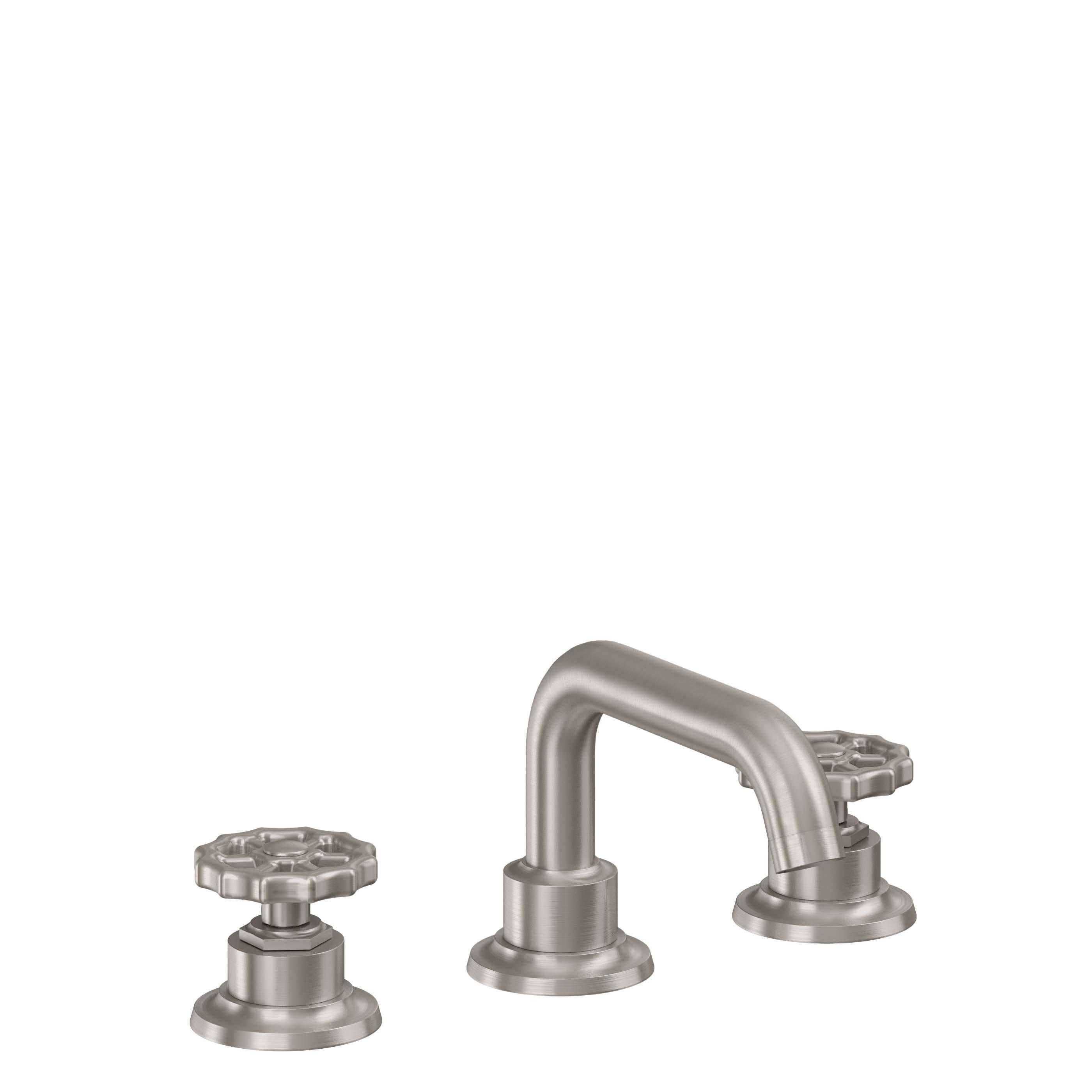 California Faucets Descanso Works 8" Llave de Lavabo de 3 Orificios para Cubierta, con Dos Manerales - Pico Quad Bajo - Níquel Satinado