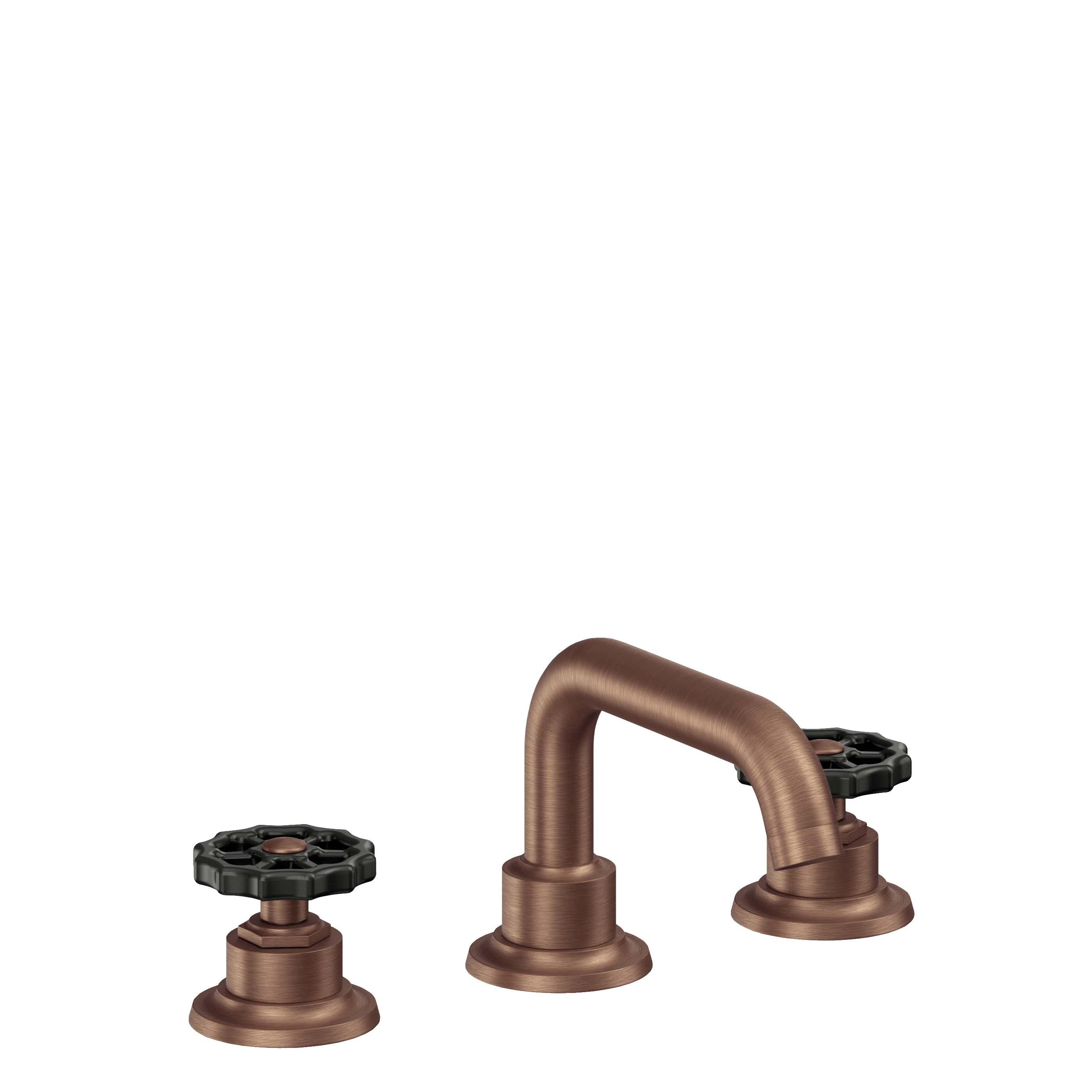 California Faucets Descanso Works 8" Llave de Lavabo de 3 Orificios para Cubierta, con Dos Manerales - Pico Quad Bajo - Cobre Antiguo Mate