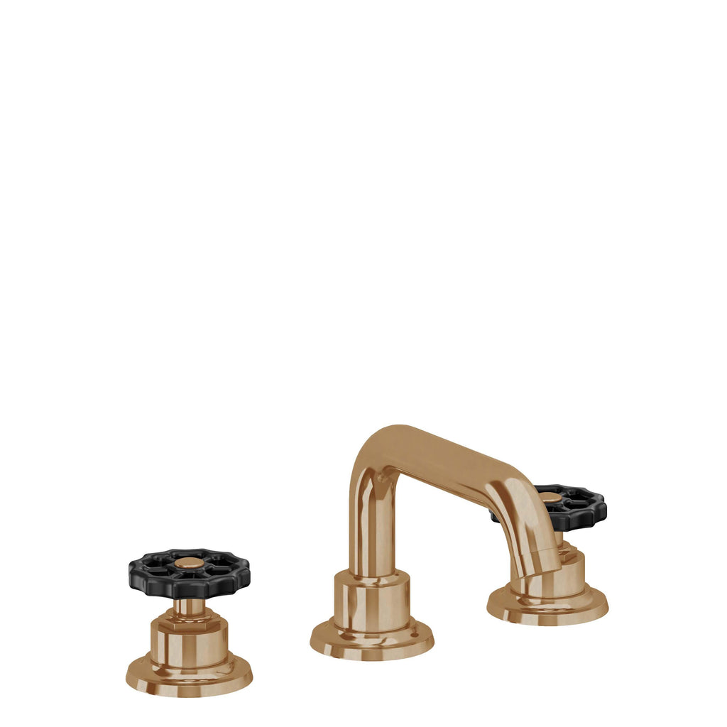 California Faucets Descanso Works 8" Llave de Lavabo de 3 Orificios para Cubierta, con Dos Manerales - Pico Quad Bajo - Latón Bruñido