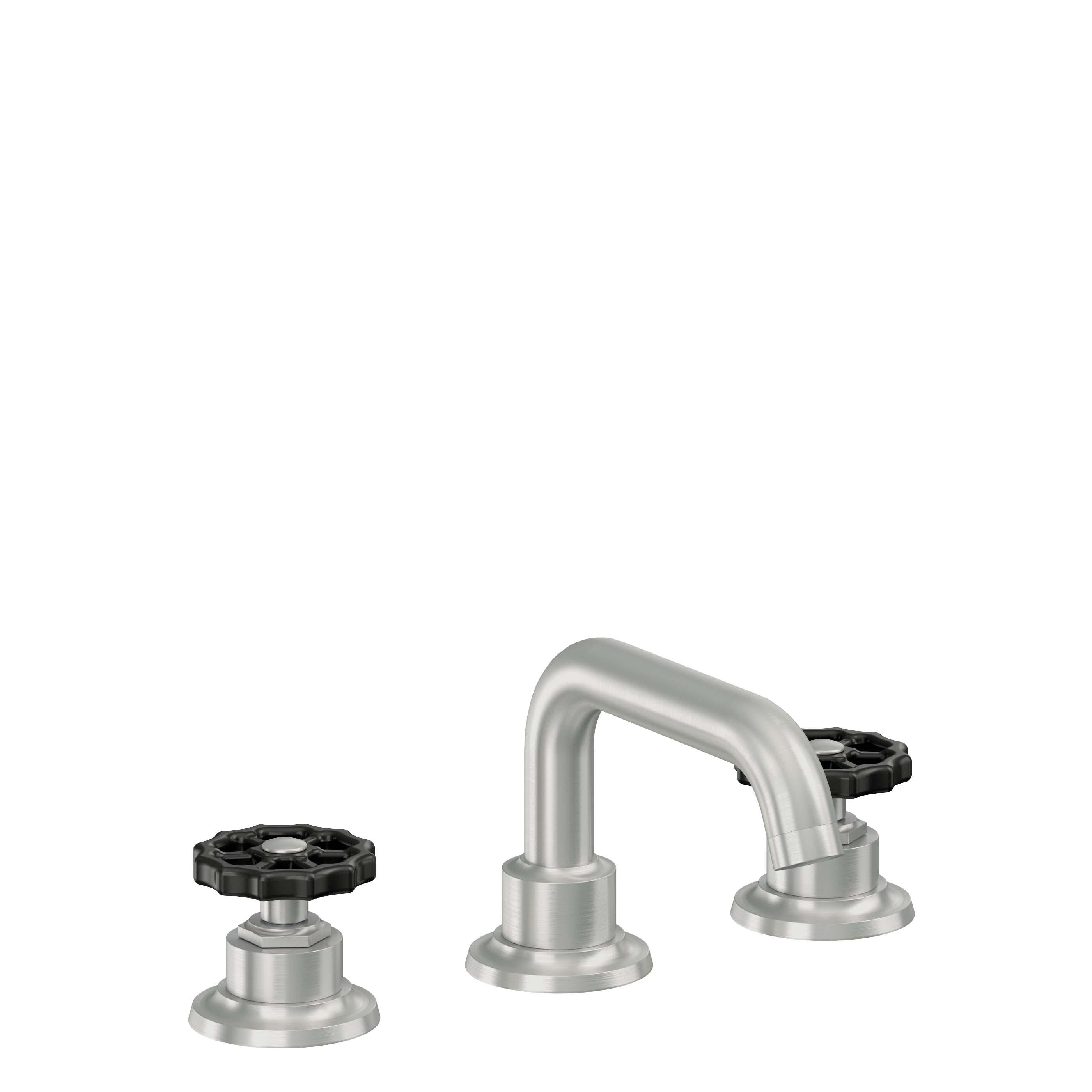 California Faucets Descanso Works 8" Llave de Lavabo de 3 Orificios para Cubierta, con Dos Manerales - Pico Quad Bajo - Cromo Satinado