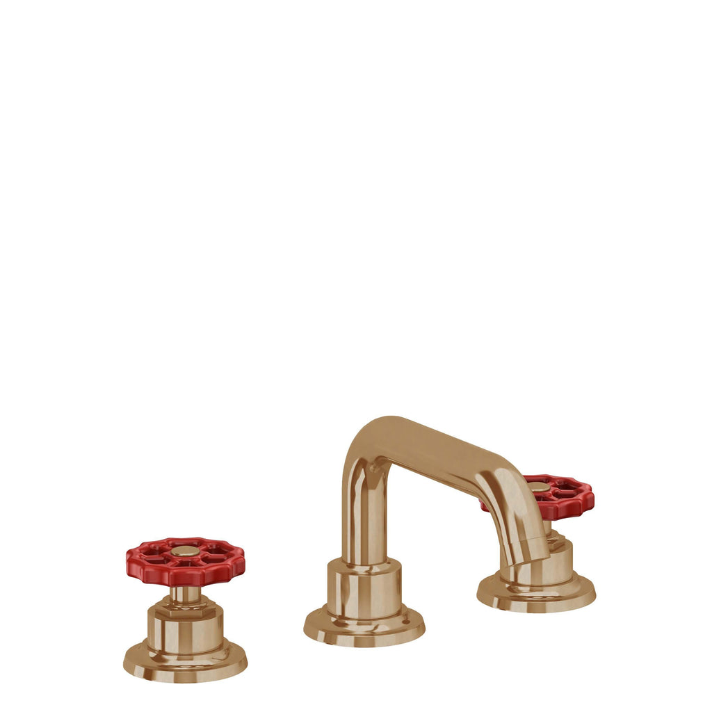 California Faucets Descanso Works 8" Llave de Lavabo de 3 Orificios para Cubierta, con Dos Manerales - Pico Quad Bajo - Latón Bruñido