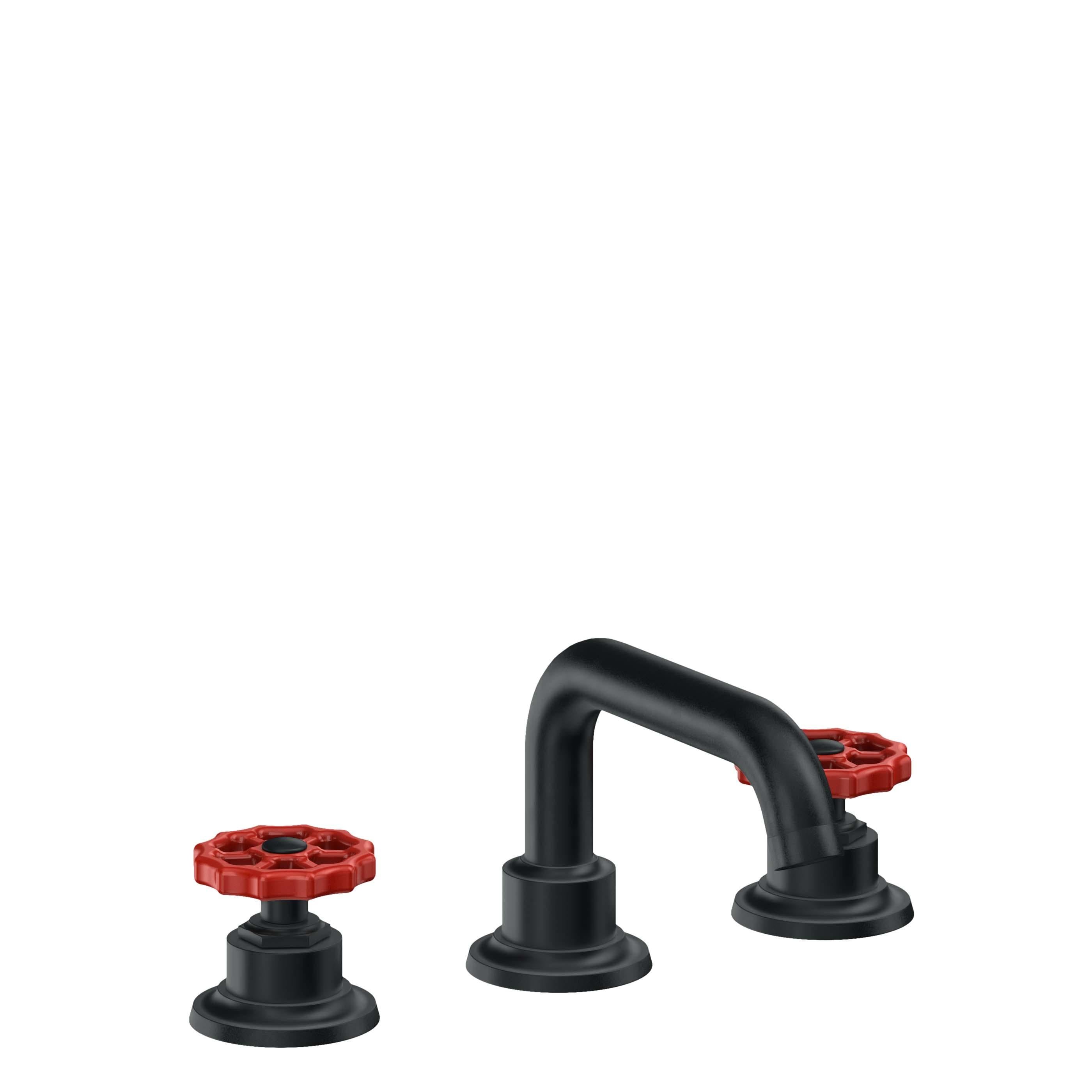 California Faucets Descanso Works 8" Llave de Lavabo de 3 Orificios para Cubierta, con Dos Manerales - Pico Quad Bajo - Carbón