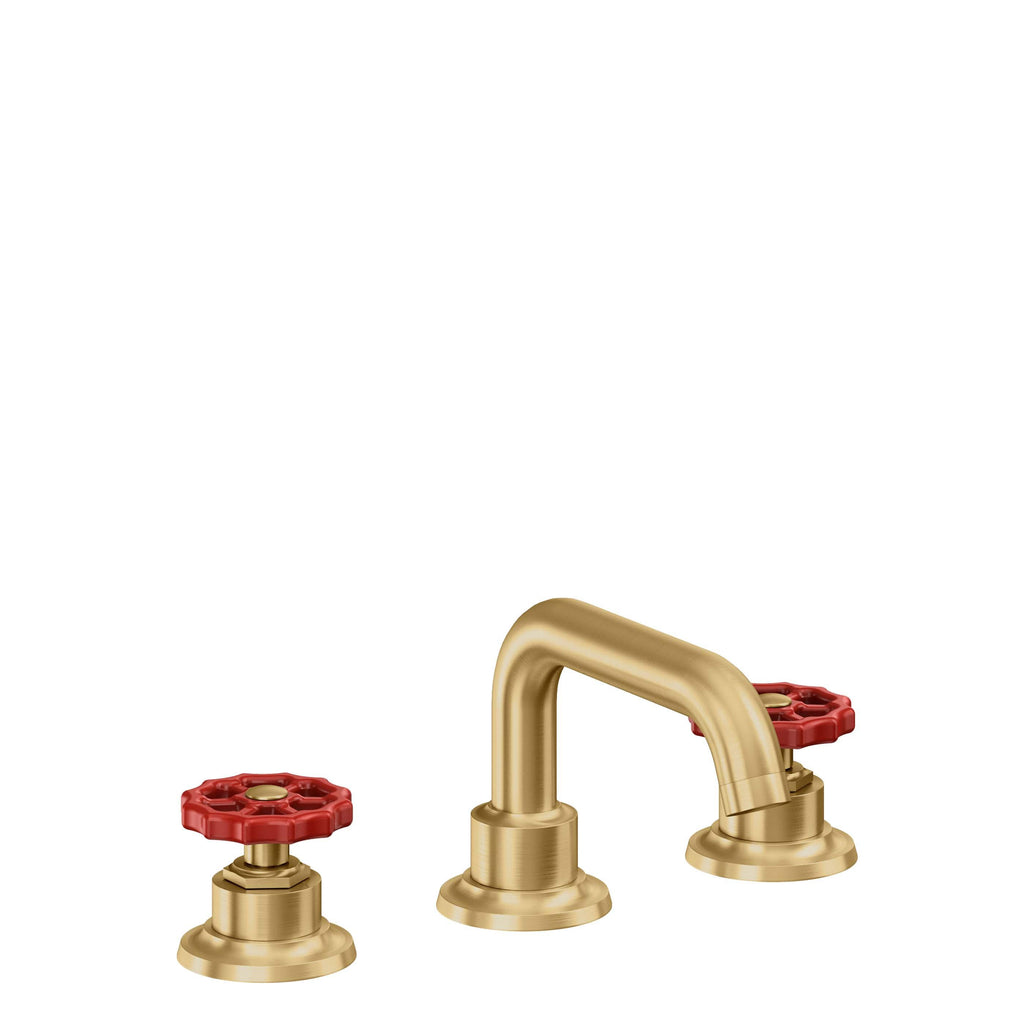 California Faucets Descanso Works 8" Llave de Lavabo de 3 Orificios para Cubierta, con Dos Manerales - Pico Quad Bajo - Oro Satinado de por Vida