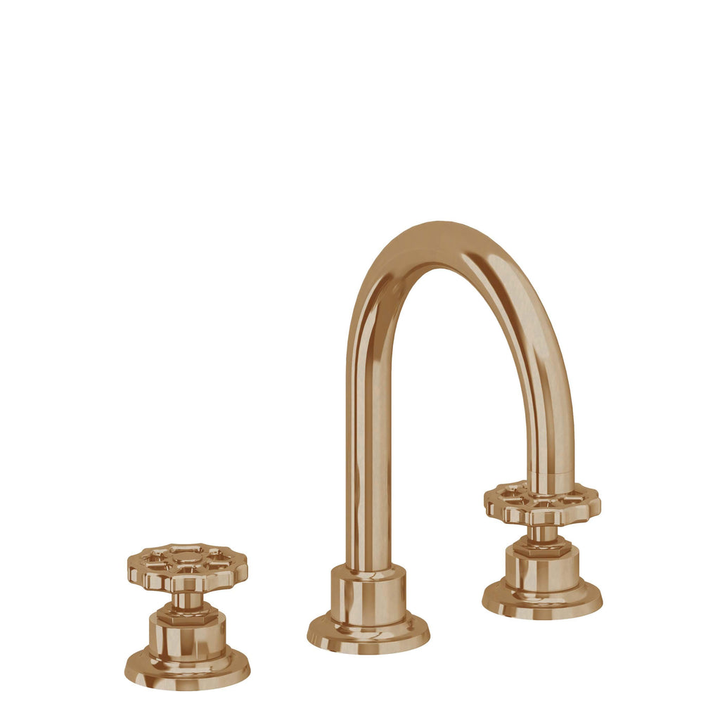 California Faucets Descanso Works 8" Llave de Lavabo de 3 Orificios para Cubierta, con Dos Manerales - Pico de Arco - Latón Bruñido